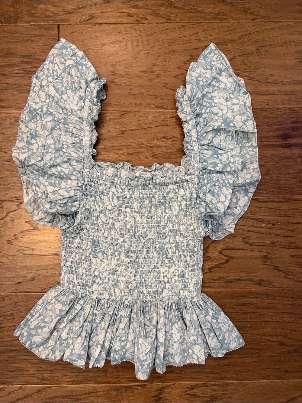 Love The Label Anthropologie Blue Floral Smocked Ruffle Peplum Top XS